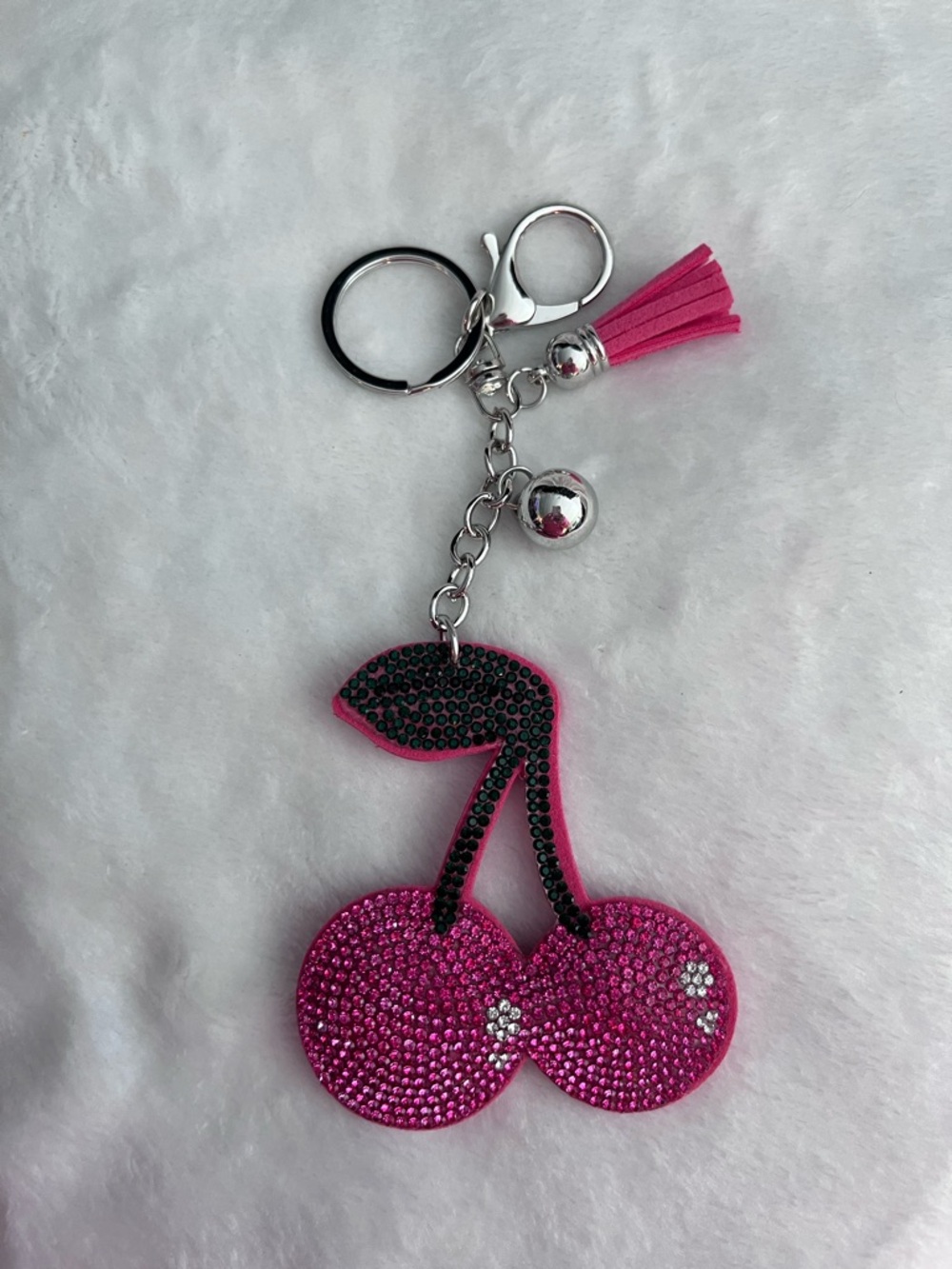 Pink Rhinestone Cherry Keychain with Tassel